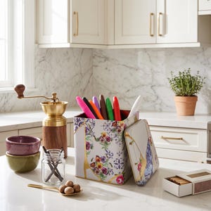 May include: A square metal tin with a floral pattern and gold geometric lines, containing colourful markers. Nearby are a wooden coffee grinder, two small ceramic bowls, a glass jar with vanilla beans, a gold spoon with spices, and a matchbox.