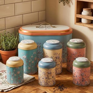 Farmhouse kitchen decor bread box and vintage kitchen canister set on wooden countertop, botanical floral metal food storage containers with decorative porcelain lids, rustic cottagecore tea coffee sugar holder jars, home organization storage bins, retro style bread bin, kitchen counter styling.