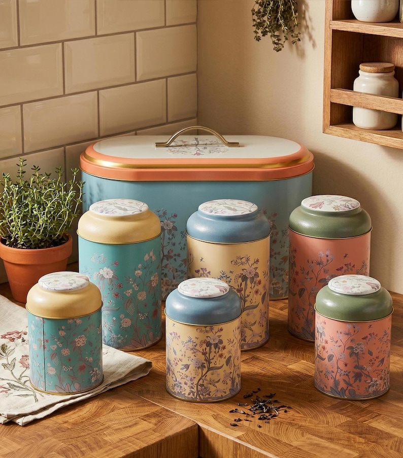 Farmhouse kitchen decor bread box and vintage kitchen canister set on wooden countertop, botanical floral metal food storage containers with decorative porcelain lids, rustic cottagecore tea coffee sugar holder jars, home organization storage bins, retro style bread bin, kitchen counter styling.
