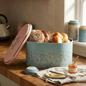 Farmhouse kitchen decor bread box on a wooden countertop, showcasing a large oval blue tin bread bin filled with fresh bread loaves and dinner rolls, featuring a pink lid with gold trim, a butter dish, peach marmalade, and decorative botanical kitchen canisters in a cottagecore home setup.