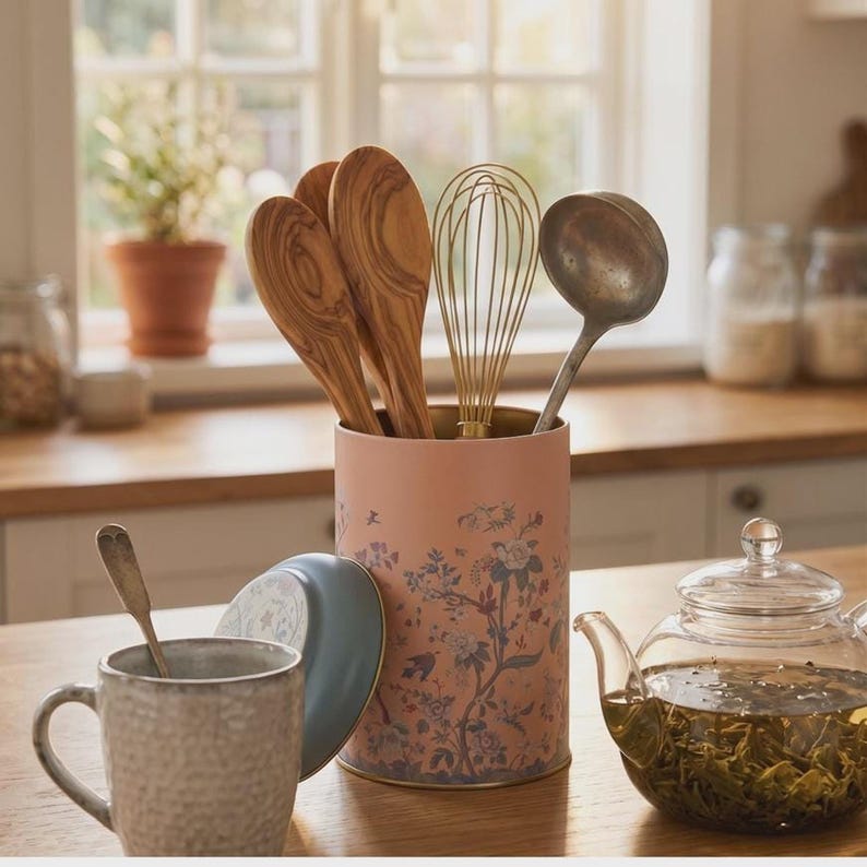 Kitchen utensil holder and canister set for countertop organization, showing an open vintage floral metal container used to store wooden spoons, a whisk, and a ladle on a wooden table, next to a glass teapot, a ceramic mug, and a matching porcelain lid for cottagecore farmhouse kitchen decor styling.