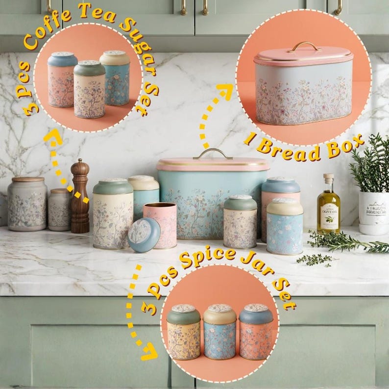Coffee tea sugar set and spice jar set with a matching bread box combo, infographic image breakdown of a 7-piece floral kitchen storage canister set for counter organization, showing sizes and pieces on a marble countertop with farmhouse kitchen decor styling.