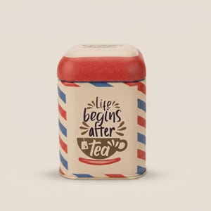 May include: A rectangular metal tea tin with a cream-colored body featuring red and blue diagonal stripes on the sides. The front displays the text "life begins after tea" in dark brown script above a graphic of a teacup with a tea bag tag.