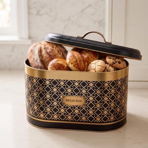 May include: An oval metal bread box with a black and gold geometric pattern and a matching lid with a handle. The front features a rectangular gold plaque with the text BREAD BOX. The container is filled with various baked goods including bread.