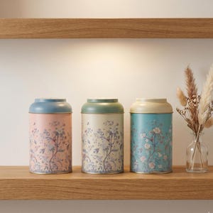 Tea coffee sugar canister set displayed on a wooden shelf, featuring three vintage botanical floral kitchen canisters in pastel pink, cream, and turquoise teal colors with matching decorative ceramic lids next to a small glass vase with dried pampas grass for minimalist cottagecore pantry organization.