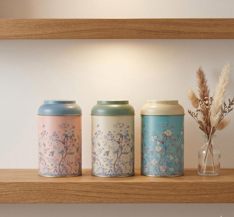 Tea coffee sugar canister set displayed on a wooden shelf, featuring three vintage botanical floral kitchen canisters in pastel pink, cream, and turquoise teal colors with matching decorative ceramic lids next to a small glass vase with dried pampas grass for minimalist cottagecore pantry organization.