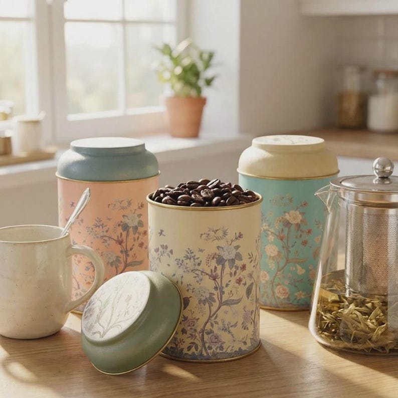 Tea coffee sugar canister set for kitchen counter storage, showing a vintage floral metal canister opened and filled with fresh coffee beans, surrounded by decorative porcelain lid containers, a ceramic mug, and a glass teapot with an infuser for cottagecore farmhouse kitchen decor styling.