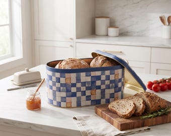 Panera, Contenedor de pan de metal ovalado con cuadros azules, Organizador decorativo para encimera de cocina, Recipiente de panadería