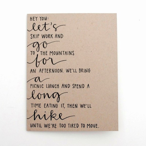Autumn Greeting Card . Handwritten Calligraphy . Let's Go For A Long Hike . Taupe Kraft