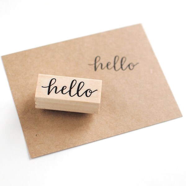 Hello Stamp // Modern Calligraphy, Hand Lettered, Art Mount Rubber Stamp, DIY Packaging, DIY Stationery, Scrapbooking Supply, 0.75 x 2