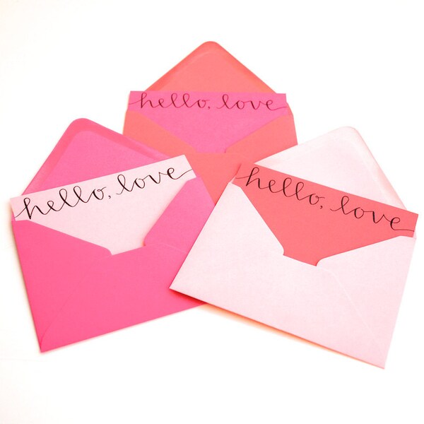 Hello Love Stationery Set . Handwritten Calligraphy . Mixed Pinks . Set of 6 Flat Notecards