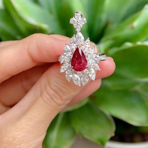 Royal Style Ruby Stone Ring | Silver Crystal Halo Design | Bridal Statement Ring