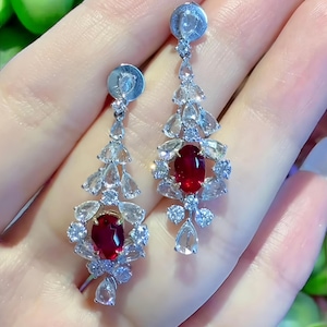 Pendientes colgantes de rubí de estilo vintage, pendientes de novia de cristal brillante, joyería elegante para fiestas.