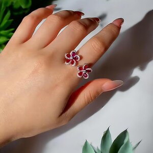 Sterling Silver Ruby Flower Ring – Lab Created Gemstone Jewelry