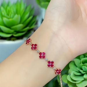 Lab Created Ruby Flower Bracelet, Sterling Silver, Minimalist Floral Jewelry