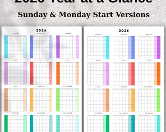 2026 Year at a Glance Printable Calendar – One Page, Sunday & Monday Start