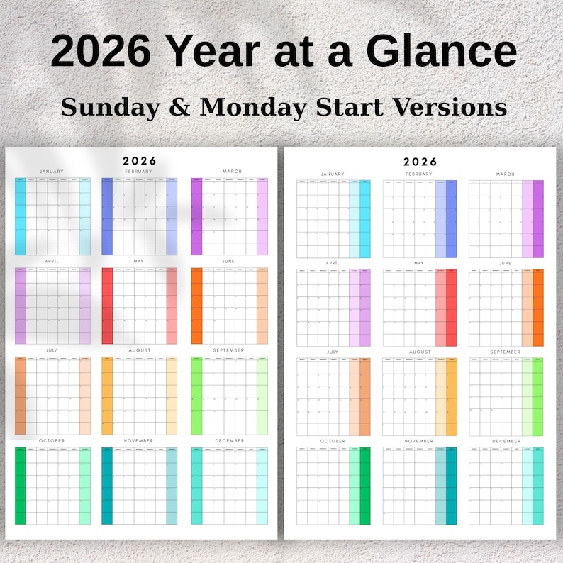2026 Year at a Glance Printable Calendar – One Page, Sunday & Monday ...