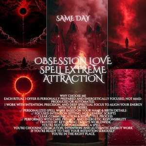 Könnte beinhalten: Digitales Kunstwerk in dunklen Rot- und Schwarztönen mit dem Text "OBSESSION LOVE SPELL EXTREME ATTRACTION" und "SAME DAY". Das Bild zeigt Figuren in roten Roben und eine surreale Landschaft.