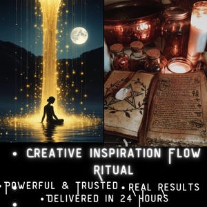 Puede incluir: Imagen artística de una mujer meditando en el agua bajo la luna llena, con una luz dorada descendente. La imagen también muestra objetos rituales, incluyendo frascos, velas y un libro abierto con un pentagrama. Texto: "CREATIVE INSPIRATION FLOW RITUAL".