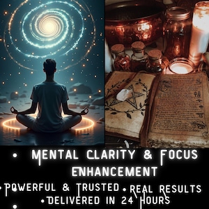 Puede incluir: Imagen de arte digital que presenta a una persona meditando con un aura brillante, junto con elementos místicos como frascos, velas y un libro abierto. El texto dice "MENTAL CLARITY & FOCUS ENHANCEMENT".