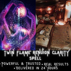 Peut inclure: Image avec le texte "TWIN FLAME RENUION CLARITY SPELL". L'image est divisée en deux sections. Le côté gauche montre une illustration cosmique de deux figures. Le côté droit montre une collection de bocaux, de livres et de bougies.