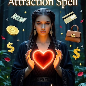 Puede incluir: Imagen con el texto "Money Windfall Attraction Spell" y "same day fast results". Una mujer sostiene un corazón brillante. La imagen incluye un billete de dólar, una moneda de oro, una tarjeta de crédito, un bolso y símbolos de dólar.