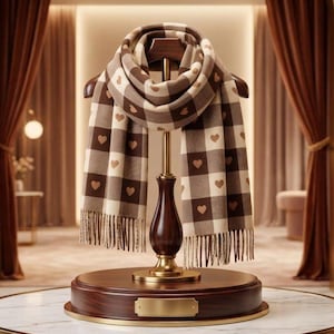May include: A brown and cream scarf with a heart pattern and fringe, displayed on a wooden stand. The scarf has a checkered design with heart accents. The stand is made of wood and brass, creating an elegant presentation.