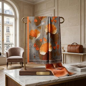 Cashmere Autumn Leaves Scarf – Luxury Botanical Cashmere Shawl, Ginkgo Leaf Wrap, Elegant Fall Fashion Accessory