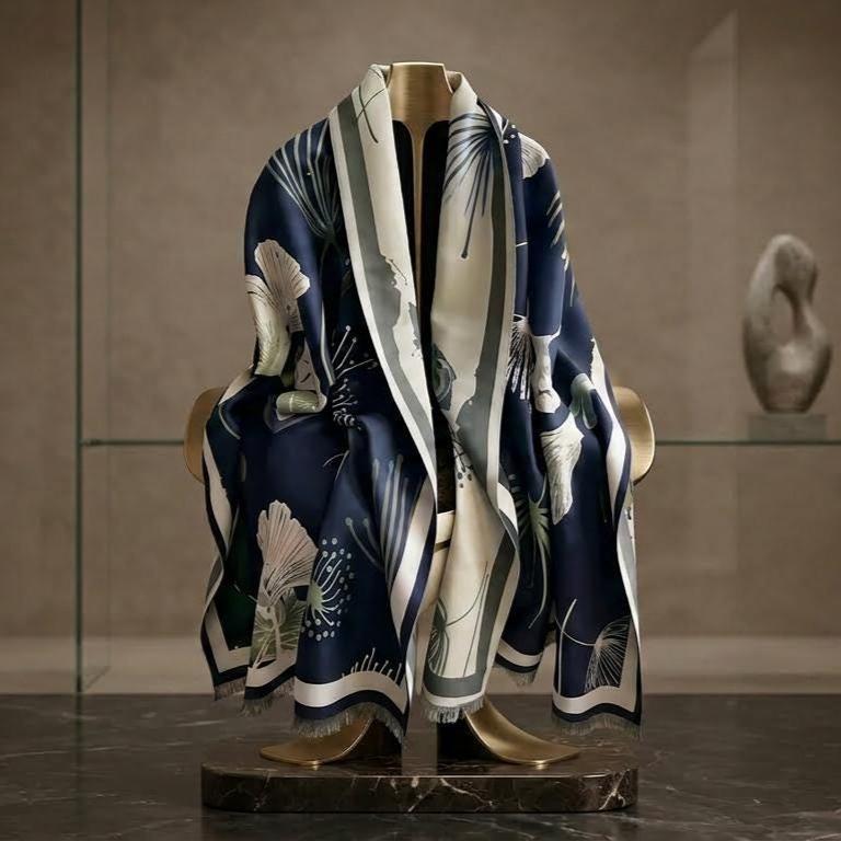 Sciarpa Floreale Lunga Donna – Puffy, Leggera E Morbida In Avorio E Blu Navy