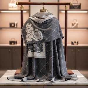 Peut inclure: Un châle à motifs gris et blancs avec un motif floral. Le châle est drapé sur un mannequin et exposé sur un présentoir en bois. Le motif comprend une grille en losanges et de grands motifs floraux.