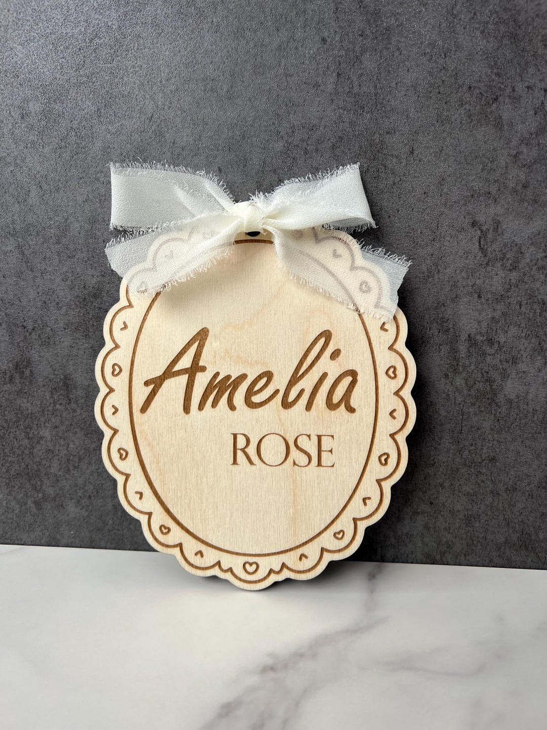 Custom Wooden Baby Name Sign | Scalloped Oval Sign With Bow | Girls ...