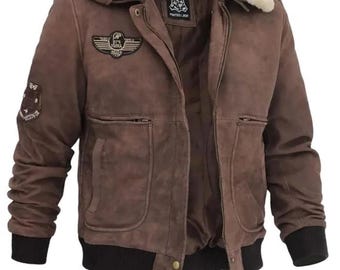 Men’s Brown Suede G1 Bomber Jacket | Shearling Collar Aviator Jacket | Vintage Suede Flight Jacket | Handmade Men’s Bomber Coat