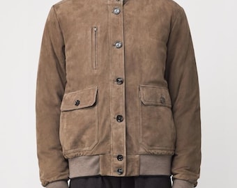 Blouson aviateur en duvet en daim | Cuir suédé véritable | Vêtements d'extérieur chauds et rembourrés