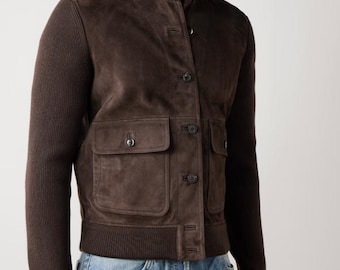 Chaqueta de lana merino y ante acanalada / Prenda exterior de punto y ante de lujo / Chaqueta informal moderna