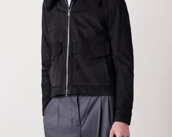 Men’s Shearling-Trimmed Suede Bomber Jacket – Luxury Winter Suede Flight Jacket – Handmade Warm Outerwear