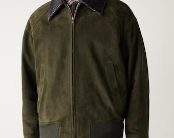 Blouson aviateur en daim à finitions en cuir Intrecciato | Veste en daim de luxe pour hommes | Bomber avec détails en cuir tressé