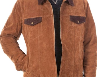 Jaxon Men’s Dual-Tone Suede Jacket – Trucker Style Real Suede Utility Coat for Men, Two-Tone Casual Leather Jacket