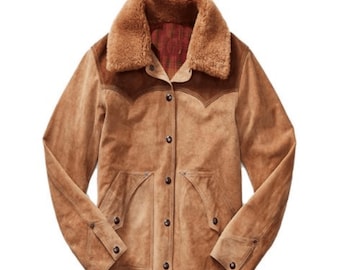 Chaqueta vaquera Colt marrón de ante para hombre: abrigo estilo vaquero con cuello de piel de oveja y chaqueta ranchera de ante auténtico.