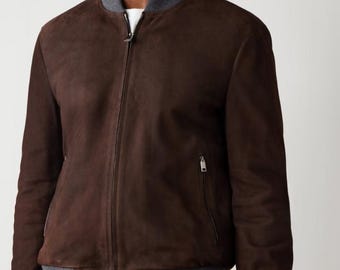 Wool-Trimmed Suede Bomber Jacket | Genuine Suede Leather Outerwear | Classic Flight Style Jacket
