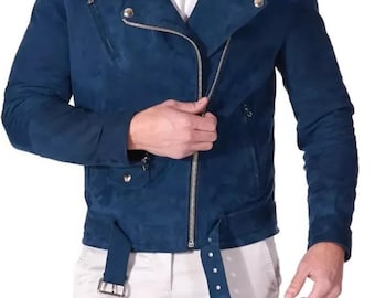 Men’s Blue Suede Biker Jacket | Vintage Moto Style Suede Coat | Handmade Motorcycle Jacket for Men | Soft Suede Outerwear