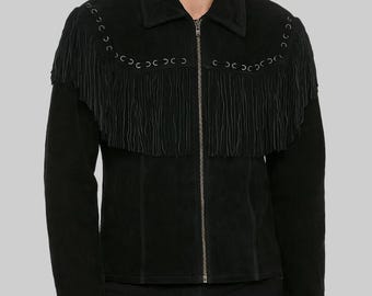 Clint Herr Svart Mockajacka med Fransar – Western Cowboy Zip-Up Äkta Mocka Läderkappa med Fransar för Herrar