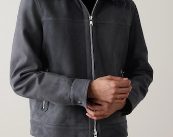 Men’s Shearling-Trimmed Suede Trucker Jacket – Brown Suede Winter Coat, Warm Shearling Collar Jacket, Real Suede Trucker Style Outerwear