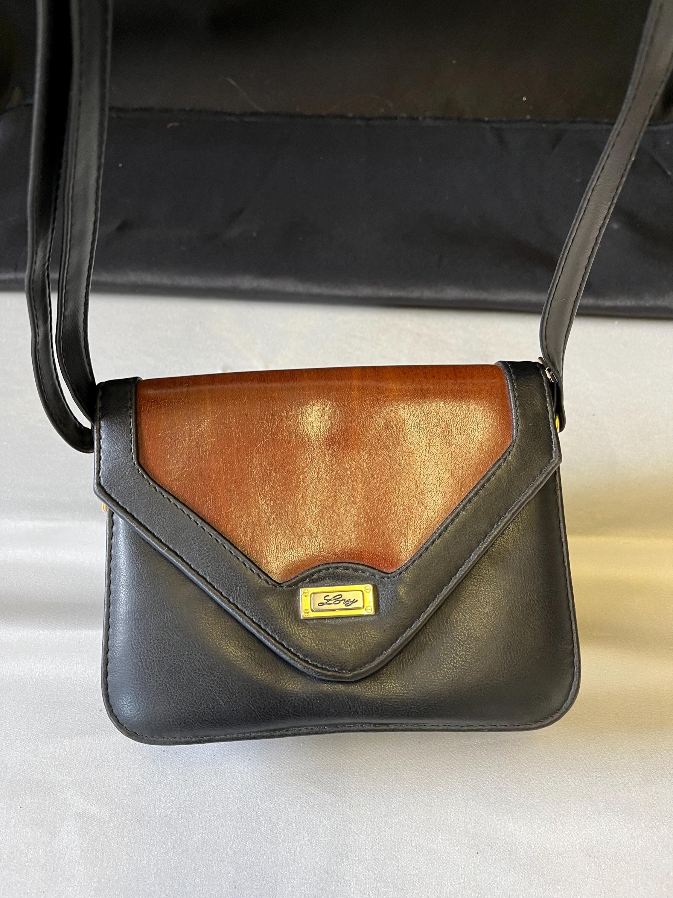 Vintage LORY Italian Leather Crossbody Bag Black With Wood Inlay