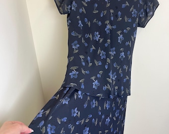 Completo vintage anni '90 St Michael Marks and Spencer gonna e top floreali / Blu / Due pezzi in chiffon blu navy / Completo romantico grunge con gonna midi / Taglia UK 14