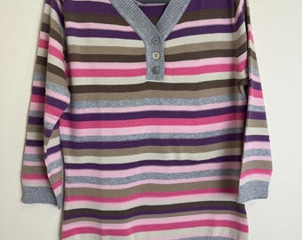 Vintage 90s Damart Knit Jumper Y2K Pink Grey Striped Cotton Sweater Gorpcore Aesthetic Mock Neck Pullover Size UK 10