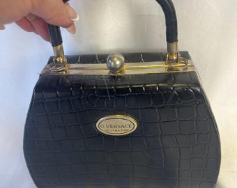 Vintage G. Versace Italy Black Croc-Embossed Handbag | 90s Italian Frame Bag | Retro Top Handle Purse