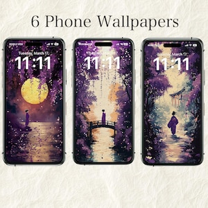 Kyoto Wisteria Wallpaper Set (6 Designs) – Dreamy Japanese Woman in Kimono, Purple Night Aesthetic, Ukiyo-e Style iPhone Background