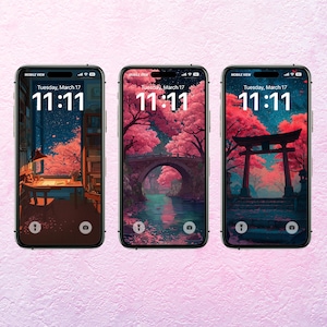 May include: Three smartphones displaying digital art wallpapers. Each screen shows a different Japanese-inspired landscape with cherry blossoms, bridges, and a torii gate. The time displayed is 11:11 on Tuesday, March 17.