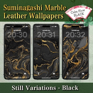 Puede incluir: Tres smartphones que muestran fondos de pantalla de cuero de mármol negro y dorado. Las pantallas muestran la hora y la fecha, con el texto "Suminagashi Marble Leather Wallpapers" en la parte superior. La frase "Still Variations • Black" está en la parte inferior.