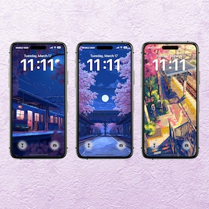 iPhone Wallpaper Set – Sakura Train Lofi Anime | Cherry Blossom Night & Day | 6 Phone Wallpapers Digital Download